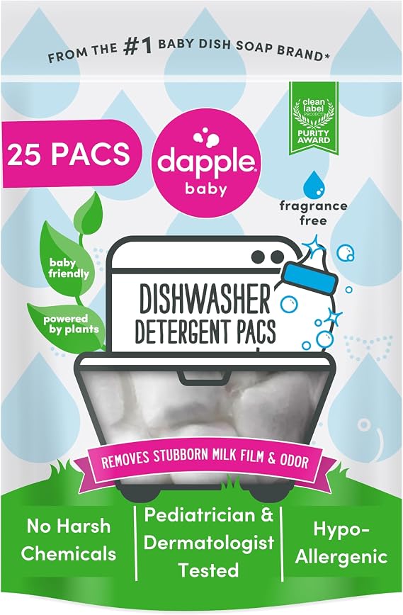 Dapple Baby Dishwasher Detergent Pods - 25 Count - Fragrance-Free, Hypoallergenic & Plant-Powered Dishwasher Pacs - Removes Milk Residue From Baby Bottles