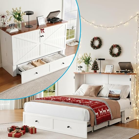 Mjkone 63" W Queen Size Murphy Cabinet Bed, Queen Murphy Bed with 2 Storage Drawers and USB Charging Station, Chest Cabinet Beds for Bedroom, Small Space, Guest Room, White (No Mattress)