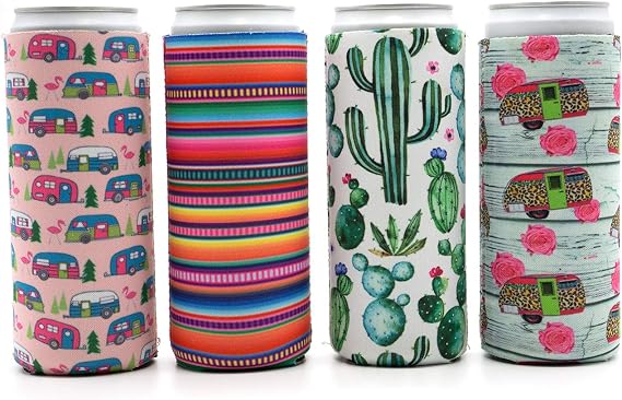Slim Can Coolers - Neoprene Insulated Slim Can Cooler for Tall Skinny 12oz Cans like Truly Hard Seltzers and Red Bull - 4 Pack Camper