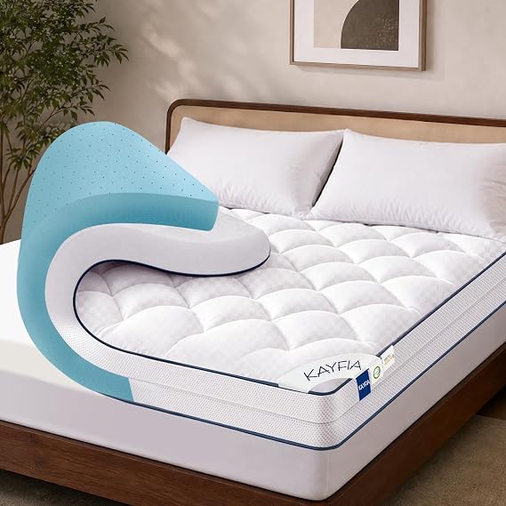 Kayfia Queen Size Dual Layer 4 Inch Memory Foam Mattress Topper | 2 In Cooling Gel Foam and 2 In Soft Pillowtop Pad for Back Pain, SGS Certified Mattress Pad, 821 In Deep Pocket