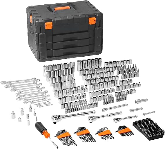 Mechanics Tool Set and Socket Set, 1/4" 3/8" 1/2" Drive Deep and Standard Sockets, 450 Pcs SAE and Metric Mechanic Tool Kit with Bits,Hex Wrenches,Combination Wrench,Accessories,Storage Case