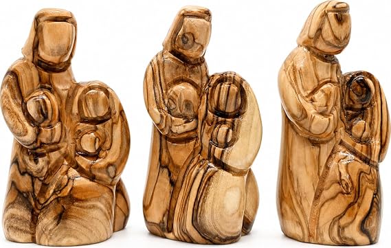 Zuluf Olive Wood Holy Family Adoration Statue Set of 3 Figurines 3.4 Inch Each, Hand-Carved Bethlehem Mary Kneeling with Joseph and Baby Jesus, Catholic Christmas Tabletop Nativity Gift