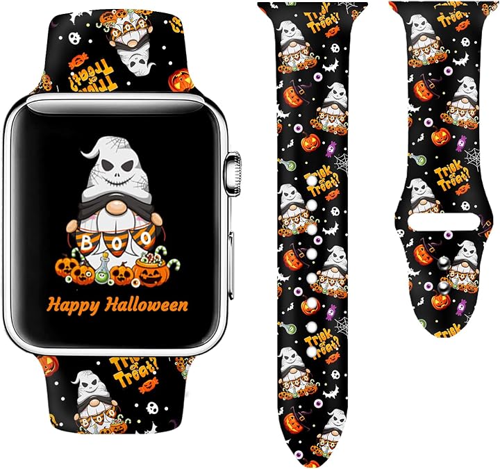 Halloween Trick Or Treat Pumpkin Fashion Sport Watch Band Compatible With Apple Watch 38mm 40mm 41mm 42mm 44mm 45mm 49mm For Women Men,Adjustable Replaceable Soft Silicone Smartwatch Straps For IWatch