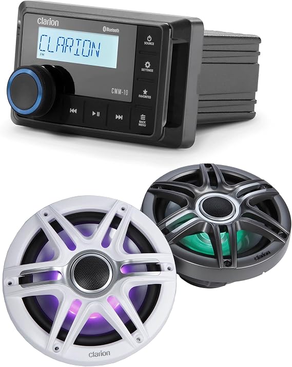Clarion CMM-10 Marine Source Unit with CMSP-771RGB-SWG 7.7-inch Premium Marine Coaxial Speakers, Sport Grilles RGB LED Lighting