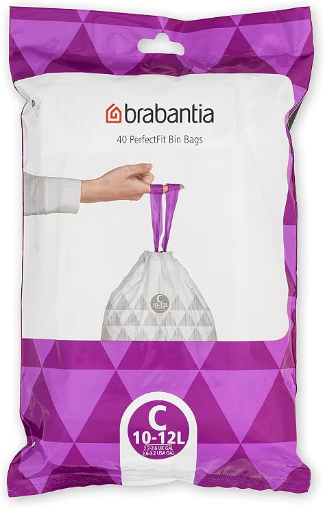 Brabantia PerfectFit Trash Bags (Size C/2.6-3.2 Gal) Thick Plastic Trash Can Liners with Drawstring Handles (40 Bags)