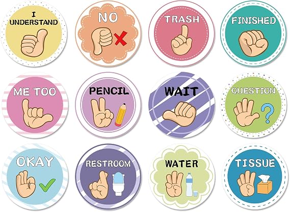 12 Pcs Classroom Sign Language Posters,Sign Language Flash Cards Cutouts,Classroom Management Tools for School Learning Bulletin Board Decor (Colorful)