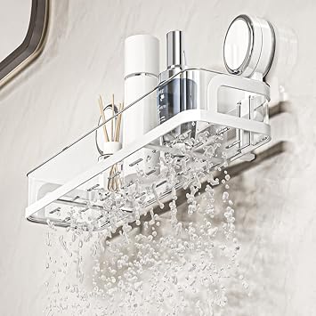 Shower Caddy Suction Cup, Removal No-Drill Shower Storage Shelf Organizer Bathroom Shelf Max Hold 33lbs for Bathroom Kitchen (White)