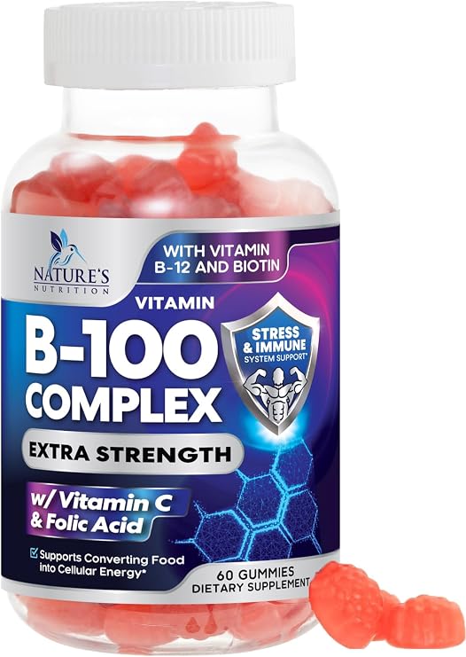 Vitamin B Complex Gummies - Extra Strength Super B Vitamin Gummy with Vitamin C, Immune Support for Men & Women - Energy and Brain Support Supplements with Folic Acid, Niacin, B6, B12 - 60 Gummies