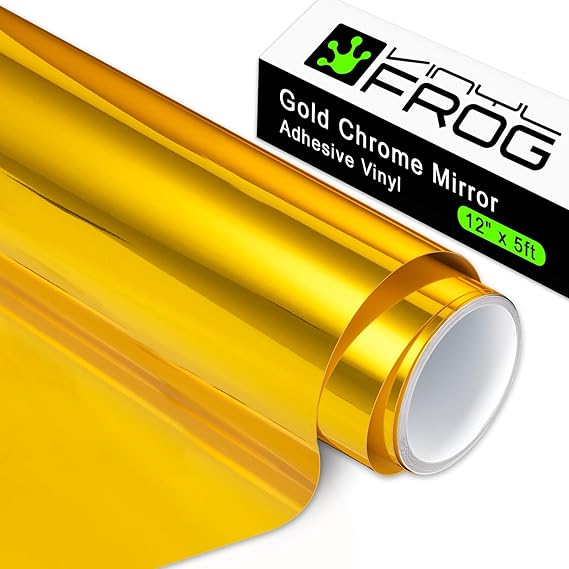 VINYL FROG Gold Chrome Vinyl - 12" x12ft Glossy Mirror Adhesive Vinyl Roll Gold Permanent Metallic Craft Vinyl Works with Cameo and Other Cutters