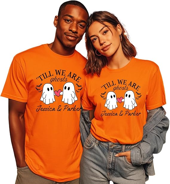 Till We are Ghosts Personalized Halloween Shirts for Couples, His and Her Halloween Shirts, Engagement, Wedding Anniversary Couple Matching Outfits, Spooky Tshirts for Husband, Wife. Multicolor