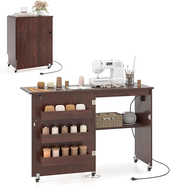 COSTWAY Folding Sewing Table with Charging Station, Brown | Lockable Casters, 3-Tier Shelf, Middle Rack, Magnetic Door, Small Sewing Desk for Home Apartment, Studio