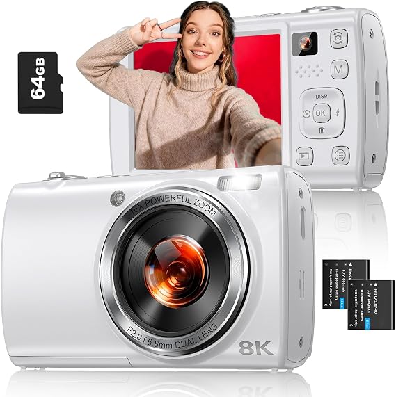 8K Digital Camera for Photography, with WiFi, Front Rear Lens(White) | 88MP, Autofocus, Touch Screen, 16X Zoom, Flash, Vlogging Camera for YouTube & Travel, 64GB Card, 2 Batteries