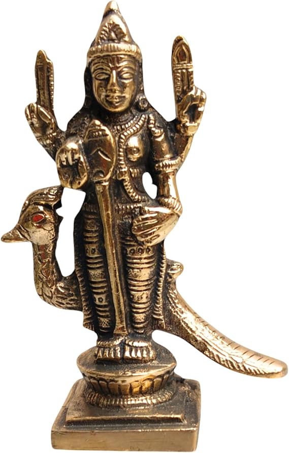 Lord Murugan Statue Brass, 4 Inch Brass Kartikeya Statue with Peacock, Karthikeyan Idol, Karthikeya Murti, Brass Lord Muruga Morti, Kartik, Golden