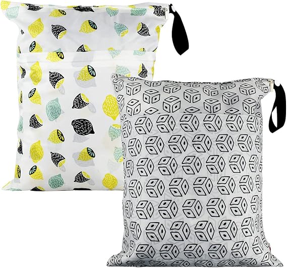2Pcs Waterproof Reusable Wet & Dry Bag for Baby Cloth Diaper Gym Clothes Travel Bags Washable Beach Pool Swimsuits Pockets with Two Zippered Dirty Diapers Stroller Yoga Toiletries Daycare Organizer