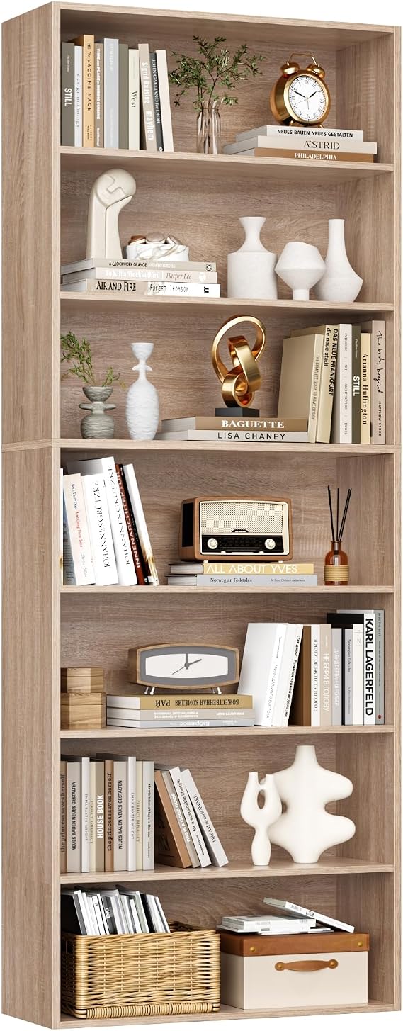 FirFurd Bookcase 7 Tiers Bookshelf 209.5cm Tall Living Room Bookcases Free Standing Display Shelf Oak Shelving Unit for Home Office 60x23.5x209.5cm