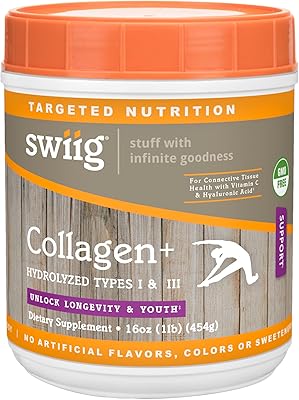 swiig Collagen Protein Powder 1lb Supports Skin, Hair, Nails & Joint Health 20g Grass-Fed Bovine Collagen per Serving, Gluten-Free, No Artificial Ingredients