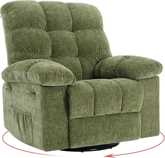 Oversized Swivel Rocker Recliner Chair for Adult,360 Swivel Rock Recliner, Extra Wide Manual Recliners, Chenille Upholstery Overstuffed Soft Rocking Sofa Chair,Green