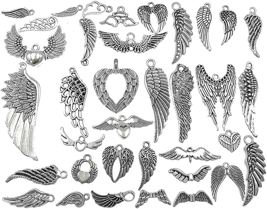 Assorted Angel Wings Feathers punk Charm Pendant Connector for DIY Jewelry Making Accessaries36pcs,Antique Silver Tone