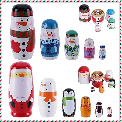 Chirstmas Russian Nesting Dolls, 2 Pack Wooden Handmade Nested Set Matryoshka Dolls, Russian Stacking Dolls Toys for Kids Toddlers Happy Chirstmas Home Decoration GiftSanta Snowman