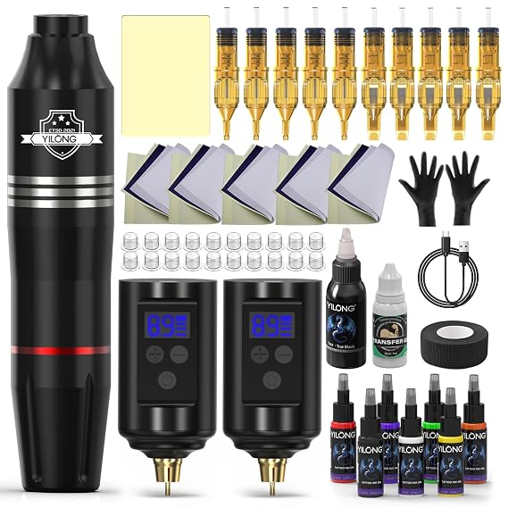 Wireless Tattoo Kit for Beginners - Tattoo Machine with 2pcs 1200 mAh Capacity Power Supply, Tattoo Pen Kit with 10Pcs Tattoo Cartridge Needles Transfer Papers and 2mm Tatoo Practice Skin