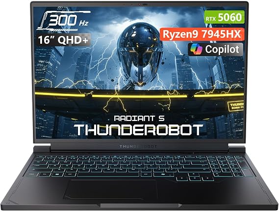 Thunderobot Radiant 16S R9 5060 300Hz Gaming Laptop, 16" QHD+ 2.5K, AMD Ryzen 9 7945HX, GeForce RTX 5060, up to 300Hz Hummingbird Display, 32GB DDR5, 2TB SSD, RGB Backlit KB, Wi-Fi 6, Win 11 Home