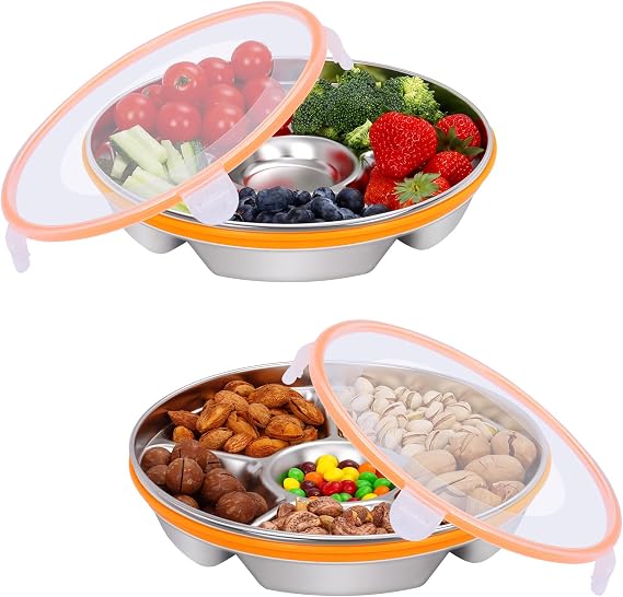 KesaPlan Veggie Tray with Lid and Dip - 2 Pack Divided Serving Tray with Snackle box, 6 Compartments, 10 inch Stainless Steel 60oz Party Resril,relish, Fruit Tray