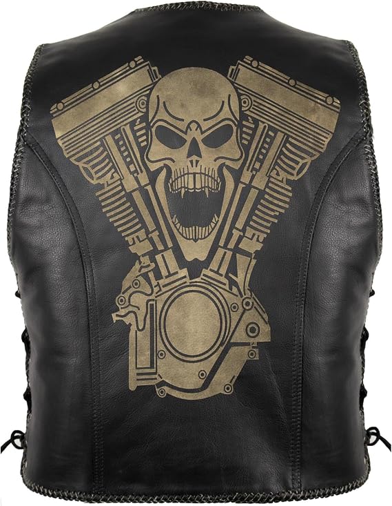 Men's motorcycle leather vest with skull