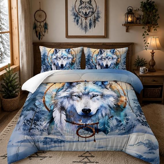 Nttopship White Wolf Comforter Sets Queen Size for Kids,White Wolves 3D Cartoon and Dream Catchers Comforter Sets All Season 1 Comforter and 2 Pillowcases