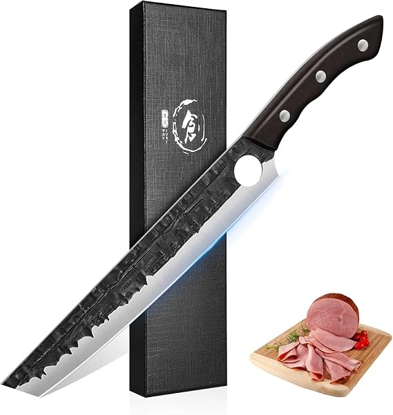 TIJERAS Brisket Carving BBQ Knife, 9.4 Inch Meat Slicing Trimming Knife, Hand Forged Full-Tang Slicer Knives for Meat Cutting Turkey Ham, Gifts for Men Women