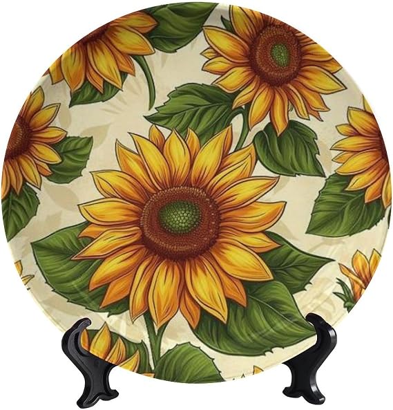 Decorative Plate Stand, 8inch, Geometric Sunflowers Round Display Plate, Home Wobble-Plate with Display Stand, for Kitchen Party Coffee Table Decor Art