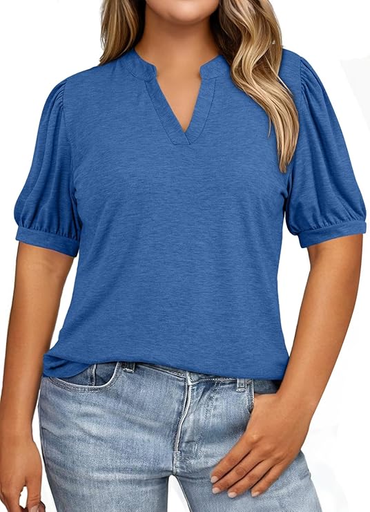 Eytino Womens Plus Size Tops V Neck Puff Short Sleeve Summer Loose Casual Solid Tees Shirts(1X-5X)