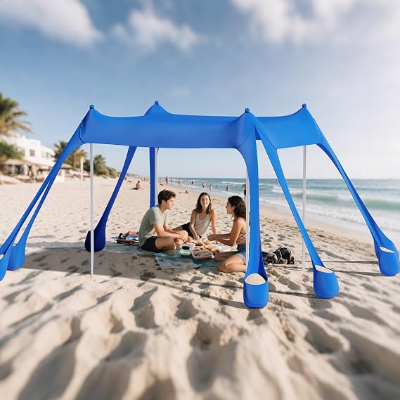 DOLLATE Beach Tent Blue, 10x10ft Beach Sunshade, Camping Sun Shade UPF50 with 8 Sandbags, Sand Shovel, Ground Spikes and Stabilizer Poles, Beach Tent for Camping, Fishing and Picnicking