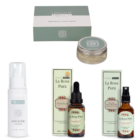 UniqueTouch Pack of 4 Beauty Set - Essential Rose Oil, Pure Rose Face Body Mist, Anti-Acne Cream, Eyebrow Wax