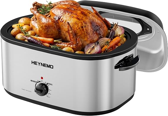 HEYNEMO Turkey Roaster Electric, 24 Quart Oven with Self-Basting Lid, Removable Pan and Rack, Adjustable Temperature Control Powerful 1450W Stainless Steel Oven, Silver
