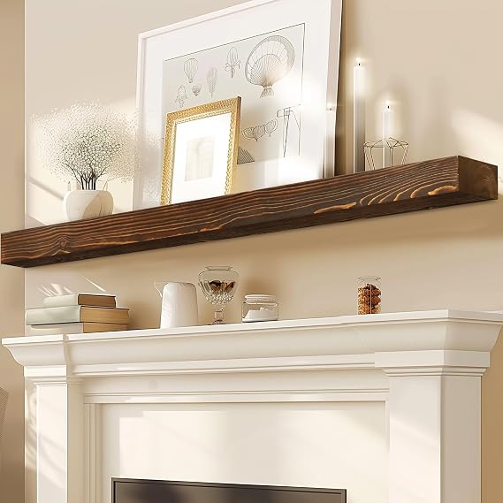 72x7x3in Solid Pine Wood Fireplace Mantel, Weathered Brown | Solid Metal Invisible Bracket, Wall Mount Design, Farmhouse Rustic Home Decor, Simple Installation