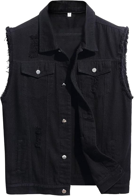Men's Denim Vest Sleeveless Ripped Slim fit Distressed Jean Jacket
