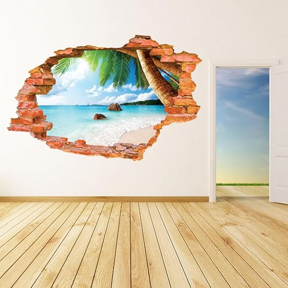 U-Shark 3D Self-Adhesive Removable Break Through The Wall Vinyl Wall Sticker/Mural Art Decals Decorator (8001F Coconut Sea Beach(23.6" X 35.4"))