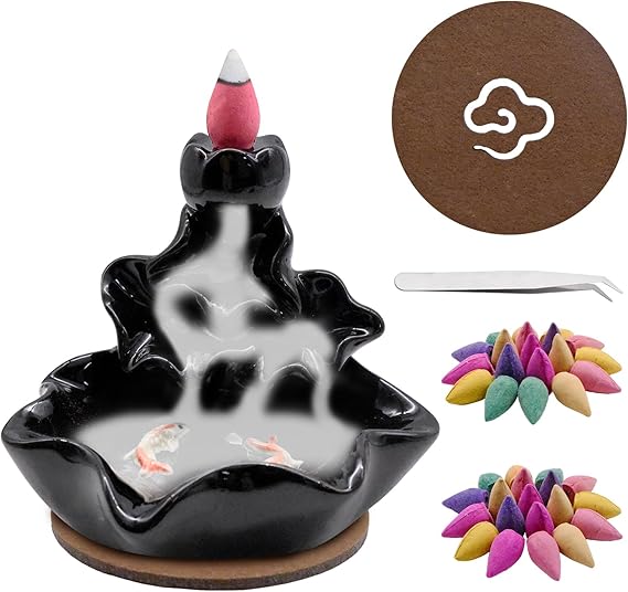 Waterfall Backflow Incense Burner, Ceramic Incense Cone Holder for Meditation, Relaxation, Purification and Yoga Gifts with 60 Cones, Tongs and a Table Mat