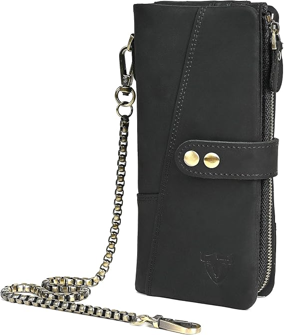 Genuine Crazy Horse Leather Travel Gift Coin Pocket Card Case Long Organizer Chain Rfid Wallet Purse With Snap For Men Male 1803 1815 (1803 The Black2)