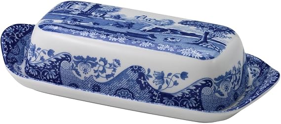 Spode x Blue Italian Porcelain Butter Dish with Lid - Elegant Design Featuring Signature Blue and White Oriental border, Dishwasher Safe, Suitable for Kitchen Display and Everyday Use, Made in England
