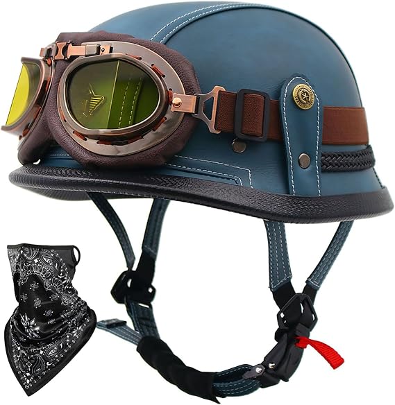 Retro Half Helmet Open Face Motorcycle Helmet Motorbike Leather Half Helmet with Goggles and Face Towel DOT/ECE Approved Adult Men Women Skull Cap Helmet Scooter Moped 11,M(56-57CM)