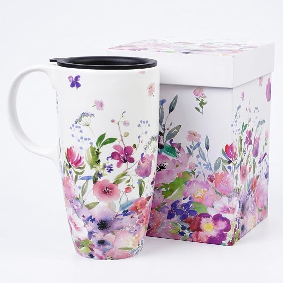 Topadorn 17oz Floral Ceramic Coffee Mug with Lid, Travel Mug with Handle | Watercolor Flower Gift Mug with Box, Splash Resistant Coffee Cup for Women, Microwave Dishwasher Safe