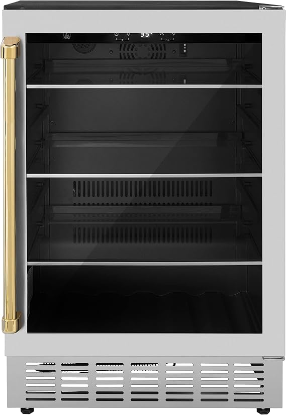 Z Line Kitchen and Bath ZLINE 24" Autograph Edition 154 Can Beverage Cooler Fridge with Adjustable Shelves in Stainless Steel with Gold Accents (RBV-US-24-G)