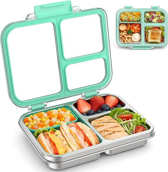 BABHAMNESS Stainless Steel Bento Lunch Box for Kids Adults, 3 Compartments Metal Bento Box with Transparent Lid & Silicone Container for Kids,Dishwasher-Safe,School & Travel,BPA-Free(Blue)