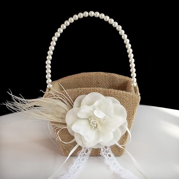 ATAILOVE Flower Girl Basket, Burlap Weddig Flower Basket for Flower Girl