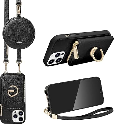 CUSTYPE for iPhone 13 Pro Max Case Wallet with Card Holder for Women, Crossbody Zipper Case with Strap Wrist& Small Bag, Protective Leather Case Purse with Ring 6.7inch, Black