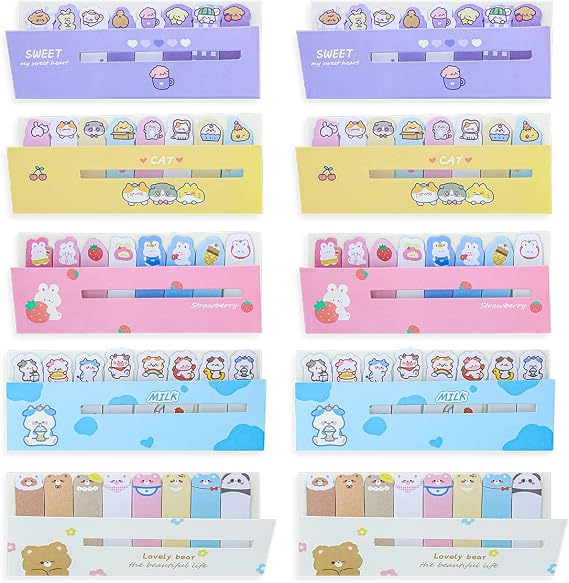 10 Pack Cute Animals Bookmarks Memo Pad Sticky Note Paper Sticky Notes Page Flags, 5 Styles Self-Stick Tab Bookmark Marker Pad for Office School, 120 Sheets/Pack, 1200 Sheets