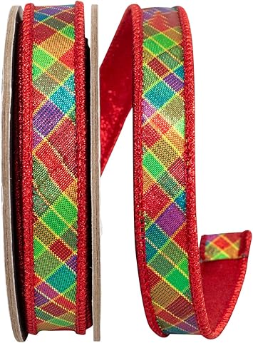 Ribbon - Plaid Metallic Jewel Tone Deluxe Metallic Backed Red Wired Edge, Multi, 7/8 Inch, 5 Yards
