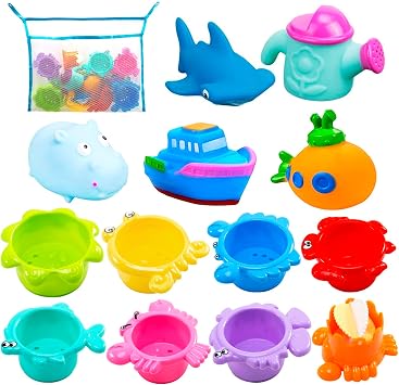 INNOCHEER Baby Bath Toys for Toddlers, Water Table Toys with Mold Free Stacking Cups, Quick Dry Organizer Net, 13 Pcs Bathtub Game, Beach and Pool Party