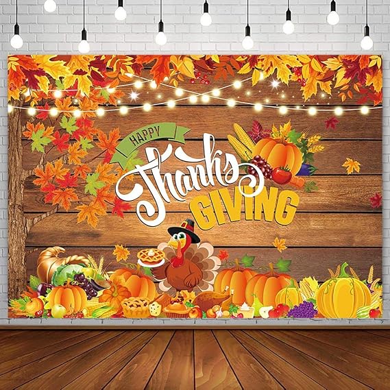 Sendy 7x5ft Happy Thanksgiving Backdrop Give Thanks Autumn Harvest Party Decorations Supplies Fall Pumpkin Turkey Maple Leaves Rustic Wood Banner Photography Background Event Photo Shoot Props Vinyl